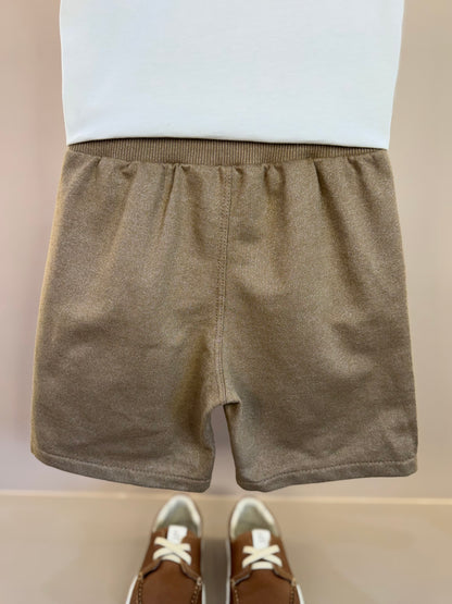 Conjunto Infantil Camiseta Algodão Listrada e Bermuda Moletom Bege - Little Johnny