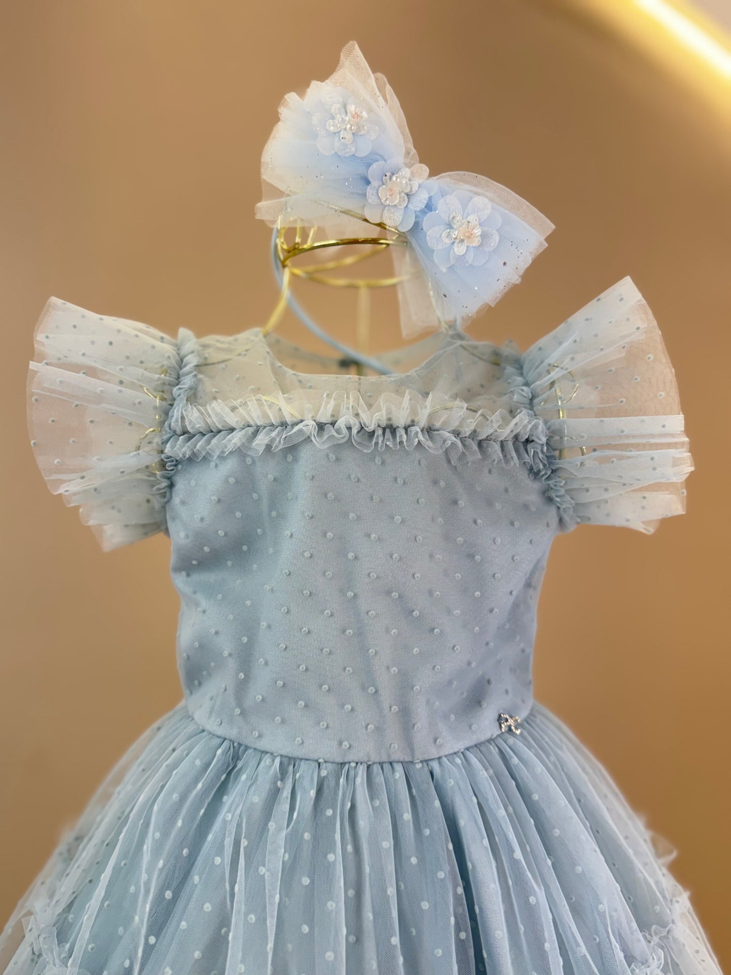 Vestido Infantil Festa Tule Flocado Azul Céu - Petit Cherie