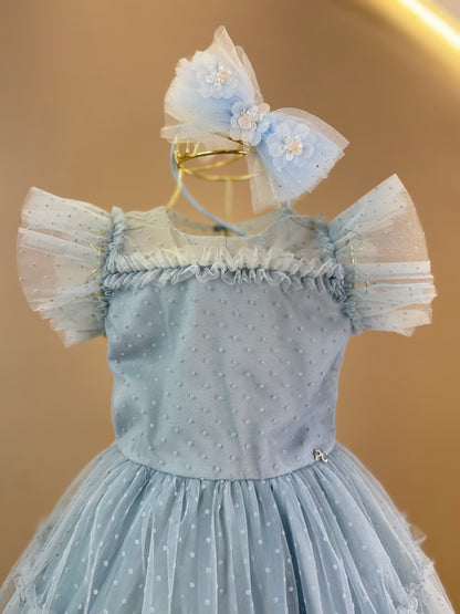 Vestido Infantil Festa Tule Flocado Azul Céu - Petit Cherie