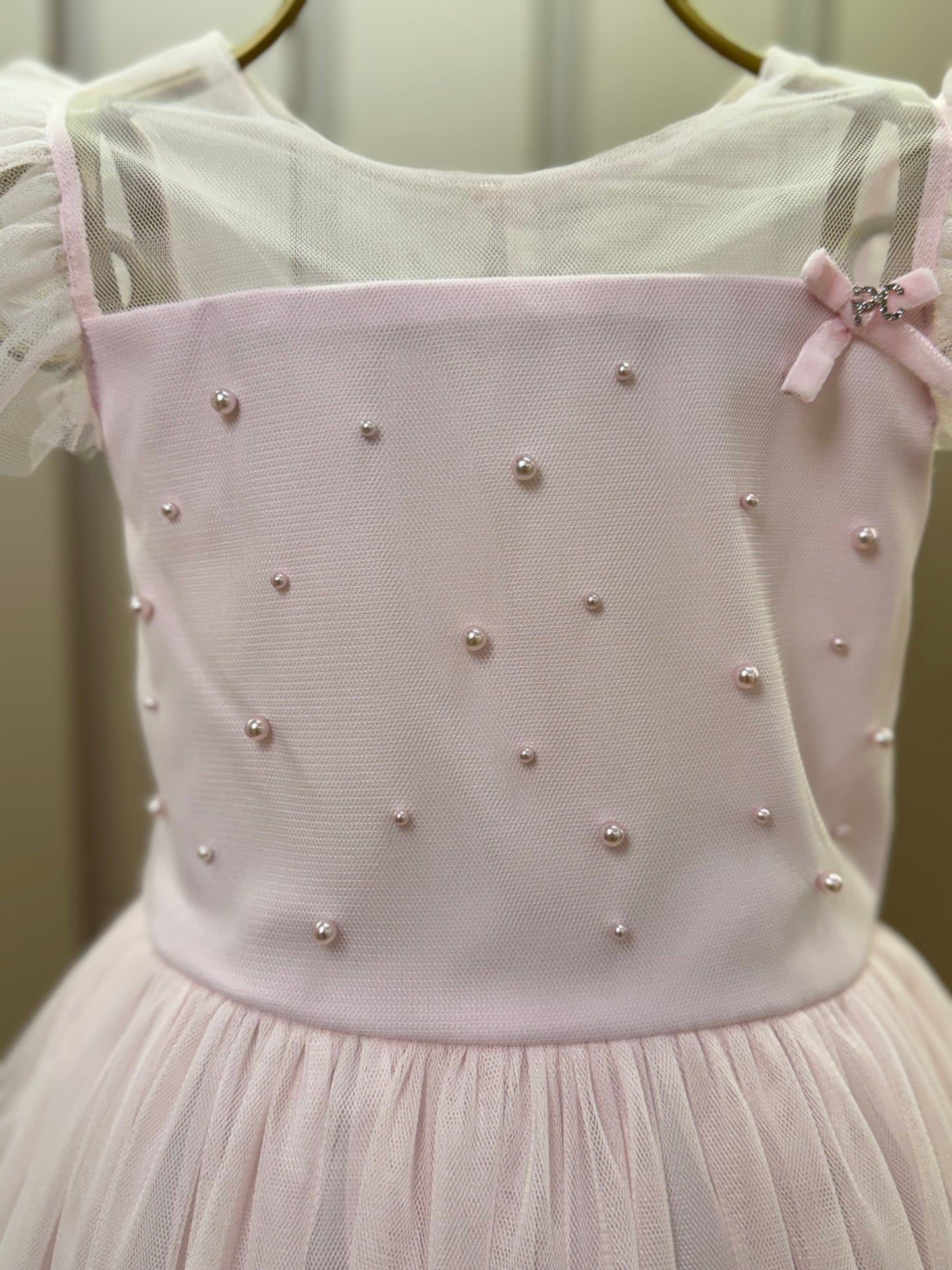 Vestido Infantil Festa Tule Poly Mesh Pérolas e Lacinho Aplicado Rosa - Petit Cherie