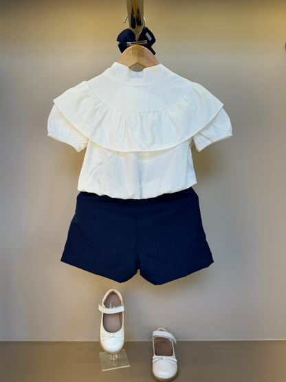 Conjunto Infantil Blusa com Gola Laço e Short Alfaiataria Risca de Giz - Luluzinha
