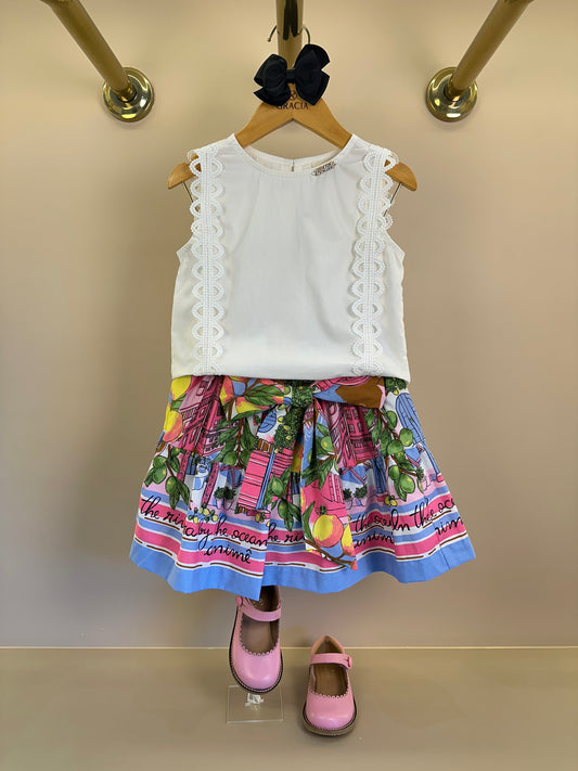 Conjunto Infantil Regata Rendinha e Saia Estampa Limões Laço Maxxi - Animê