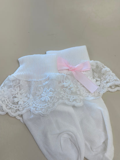 Meia Infantil Clássica Renda Lacinho Rosa Claro - Roana