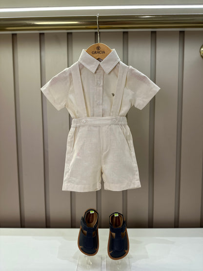 Conjunto Bebê Body, Bermuda e Suspensório Cambraia Linho de Algodão Off White - Um Mais Um