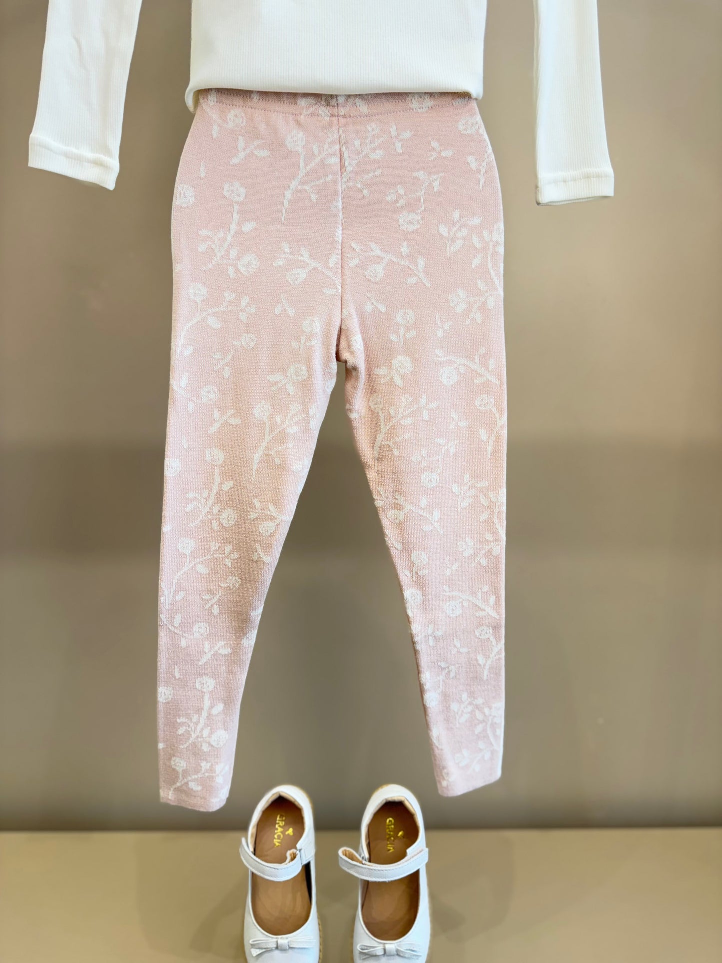 Conjunto Infantil Blusa Off White Cavalinho Cristal E Legging Tricot Floral Rosa - Pituchinhus