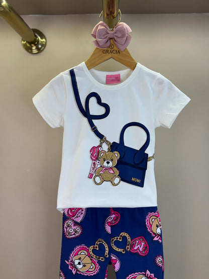 Conjunto Infantil Blusa Ursa Bolsa e Calça Legging Ursinhas Corações - Momi