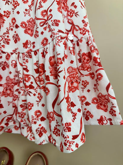 Vestido Infantil Linho Bordado Florais Vermelho - Petit Cherie