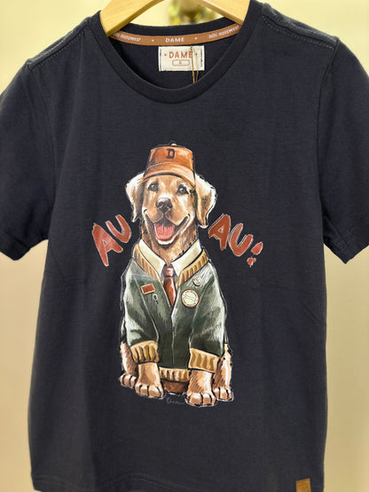 Conjunto Infantil Camiseta Cachorro Golden e Bermuda Suedine Algodão Bolsos Grafite - Dame