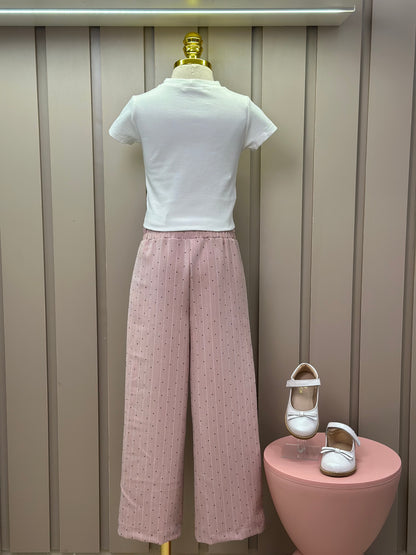 Conjunto Infantil Trio Blusa Lacinho, Casaqueto e Calça Alfaiataria Listrada Strass Rosé - Petit Cherie