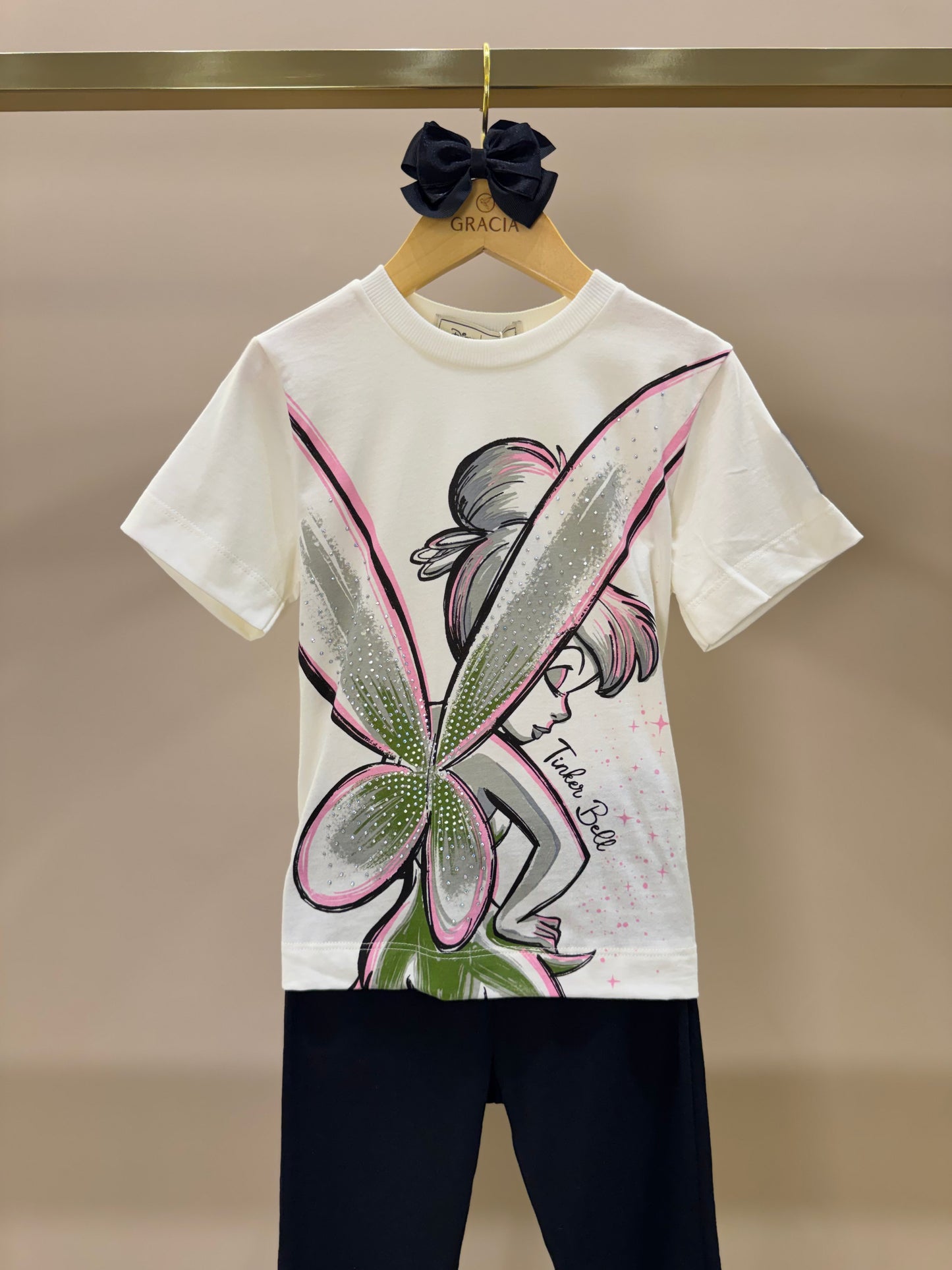 Conjunto Infantil Blusa Tiker Bell Off White e Legging Básica Preta - Animê Petite