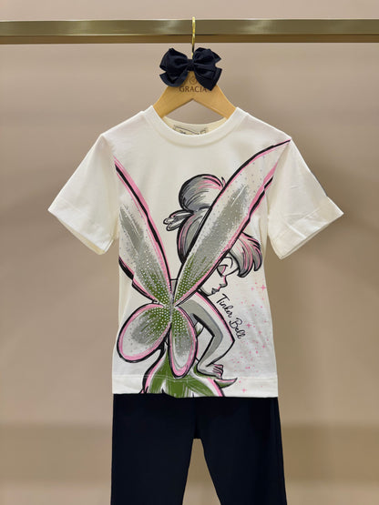Conjunto Infantil Blusa Tiker Bell Off White e Legging Básica Preta - Animê Petite