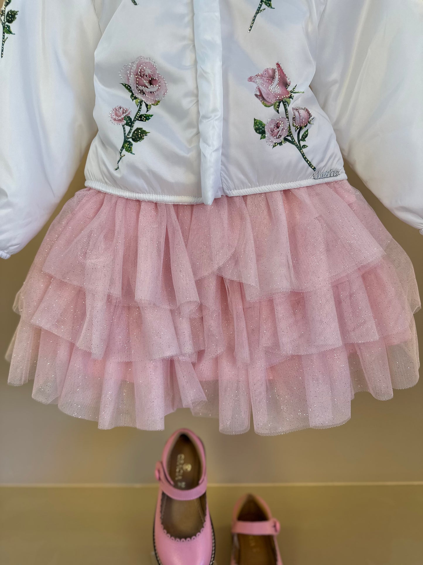Conjunto Infantil com Casaco Bordado Floral, Blusa com Strass e Saia em Tulle Glitter - Luluzinha