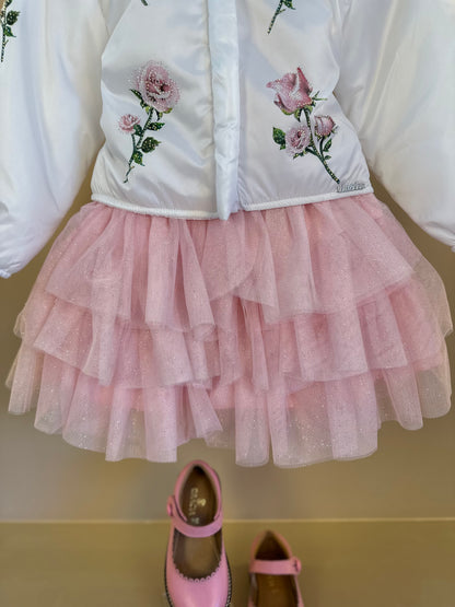 Conjunto Infantil com Casaco Bordado Floral, Blusa com Strass e Saia em Tulle Glitter - Luluzinha