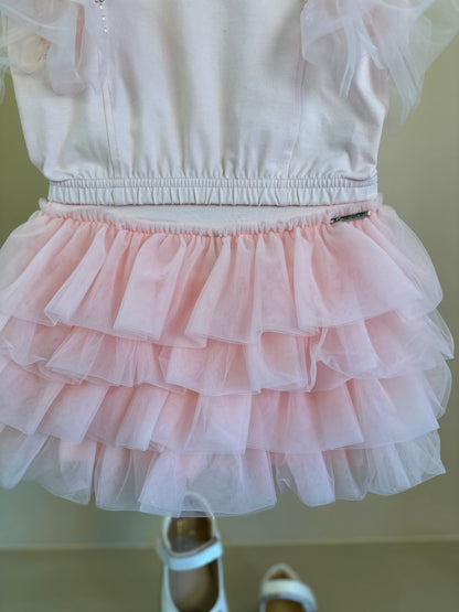 Conjunto Infantil Blusa Tule Bordado e Saia Babados Rosa Gelado - Pituchinhus