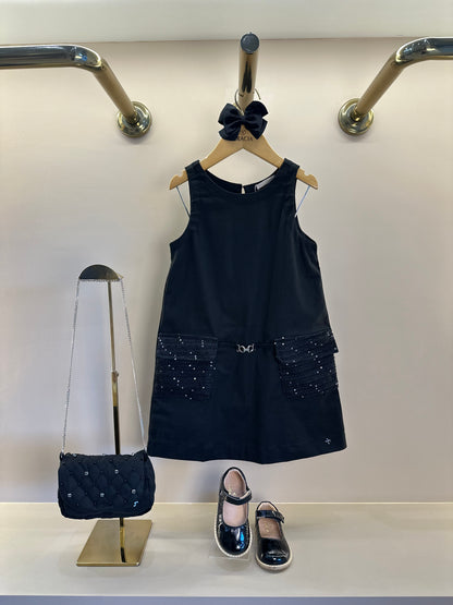 Vestido Infantil Trapézio Sarja Bolsos Tweed Paetê Preto - Petit Cherie