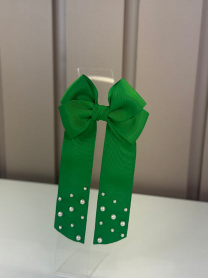 Laço Infantil Special Alongado Verde Folha Pérolas Tam. M - Gracia