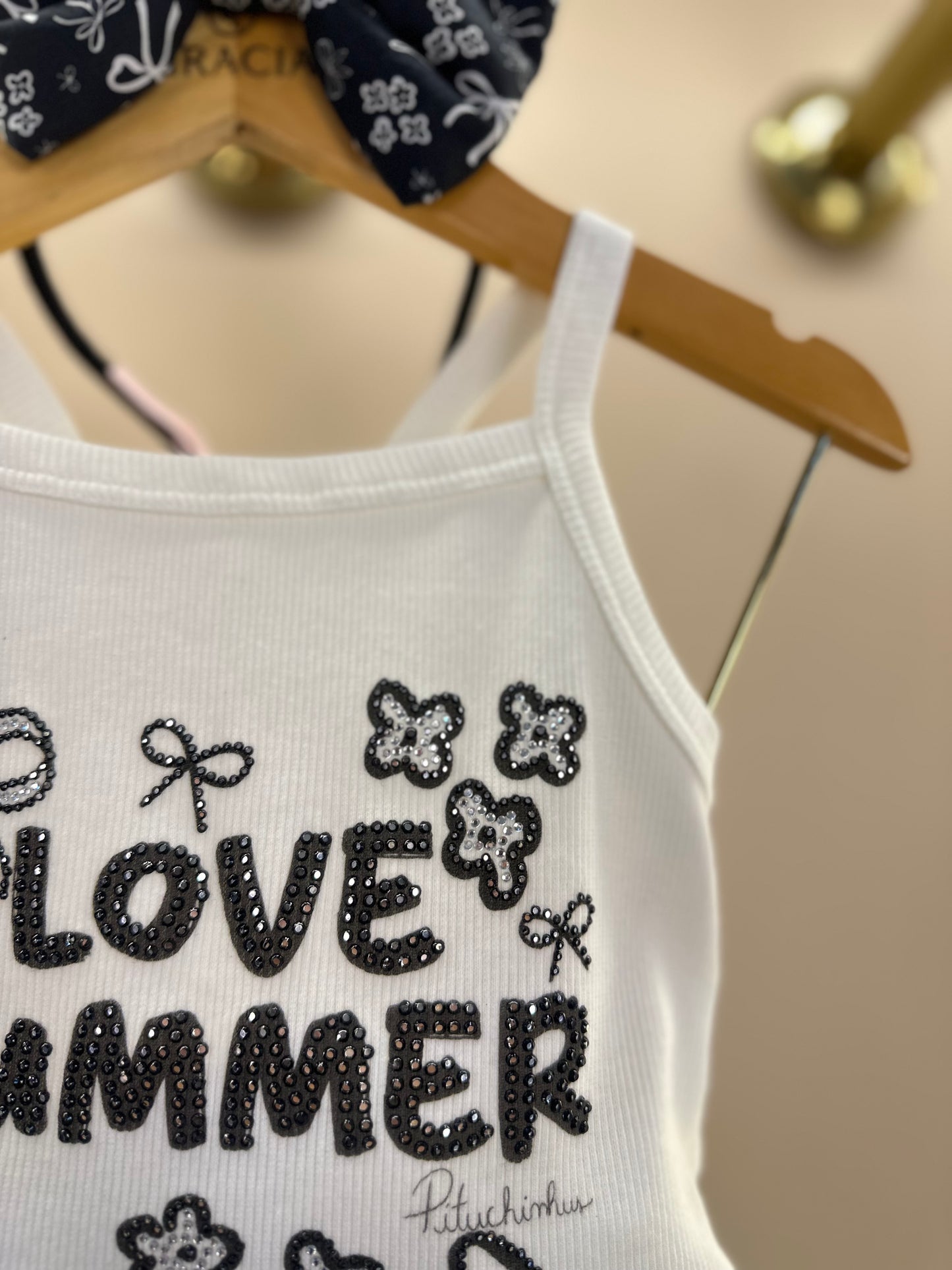 Conjunto Infantil  Blusa Love Summer Cristal e Saia-Shorts Mullet Laços e Flores - Pituchinhus