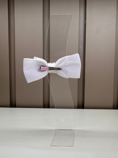 Presilha Infantil Laço Branco Bordado Flores e Miolo Pérolas- Roana