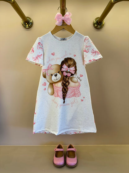 Vestido Infantil Trapézio Ursinha Laço Rosa - Infanti