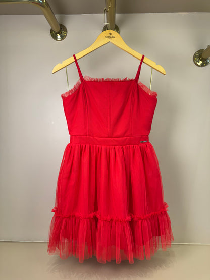 Vestido Teen Tule Barra Franzida Vermelho - Vanilla Cream