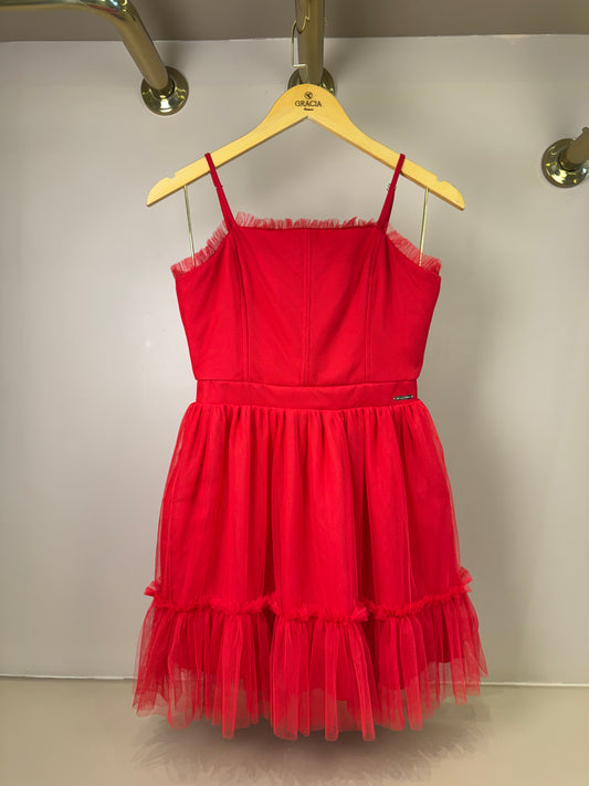 Vestido Teen Tule Barra Franzida Vermelho - Vanilla Cream