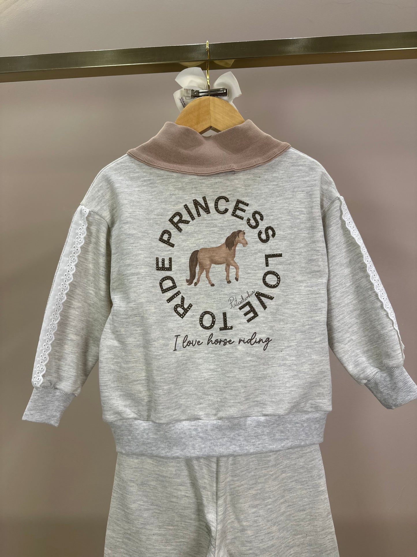 Conjunto Infantil Moletom Mescla Casaco Gola Tricot Good Luck Cavalinho e Calça Reta Broderi - Pituchinhus