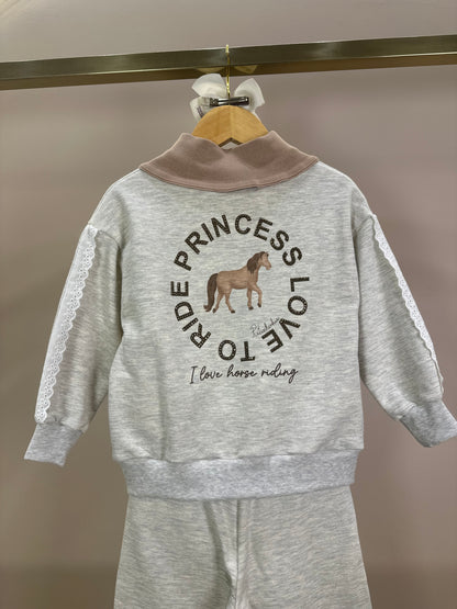 Conjunto Infantil Moletom Mescla Casaco Gola Tricot Good Luck Cavalinho e Calça Reta Broderi - Pituchinhus