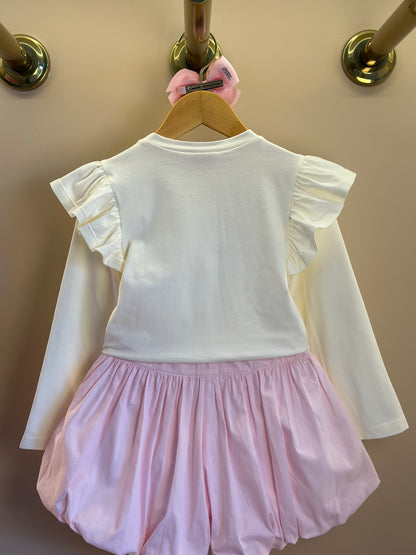 Conjunto Infantil Blusa ML Lacinho Branca e Shorts Balonê Rosa Claro - Luluzinha