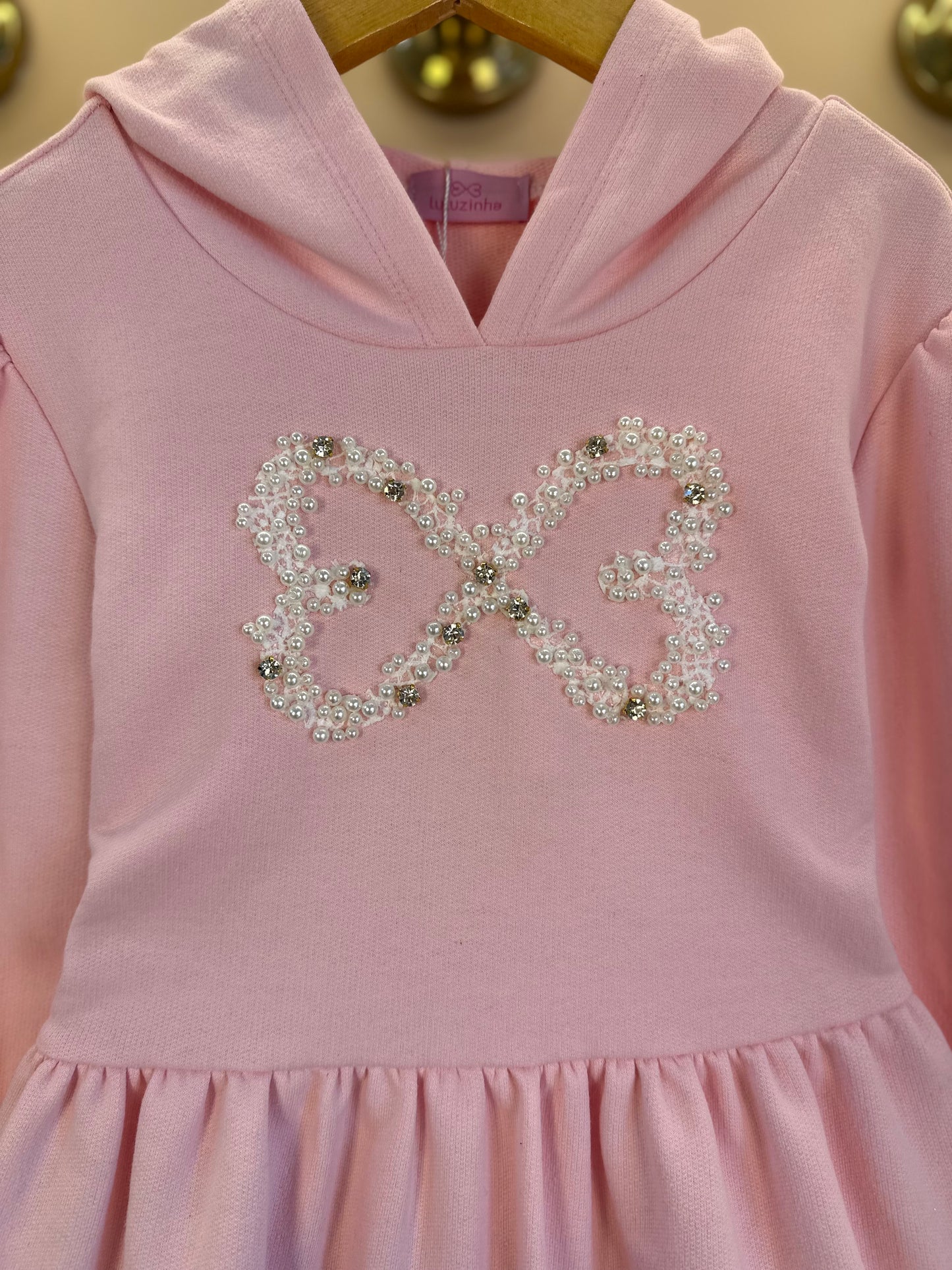 Vestido Infantil ML Moletom Rodado Capuz e Bordado Rosa - Luluzinha