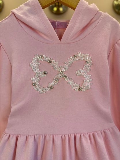 Vestido Infantil ML Moletom Rodado Capuz e Bordado Rosa - Luluzinha