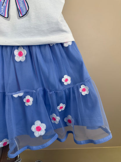 Conjunto Infantil  Blusa Daisy Duck Com Strass Pérola e Saia Tule Bordado Flores Lilás - Momi