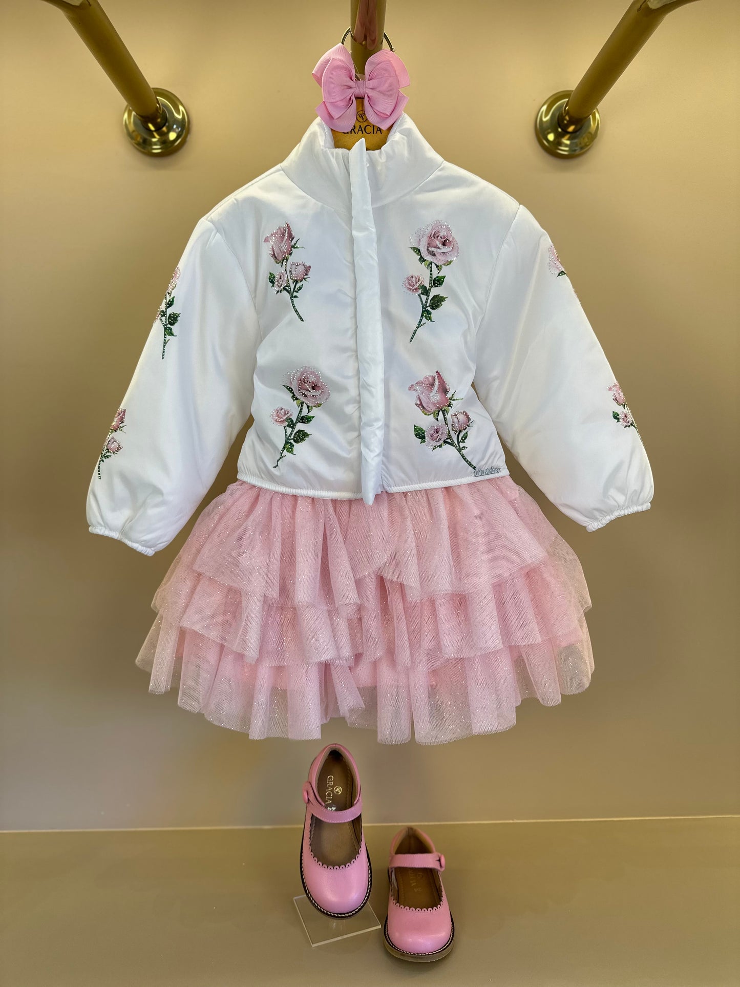 Conjunto Infantil com Casaco Bordado Floral, Blusa com Strass e Saia em Tulle Glitter - Luluzinha