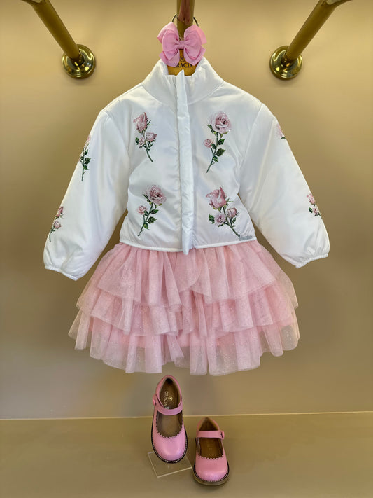 Conjunto Infantil com Casaco Bordado Floral, Blusa com Strass e Saia em Tulle Glitter - Luluzinha