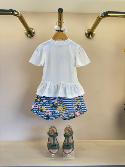 Conjunto Infantil Blusa Off White Flores Bordadas e Short Listrado Flores - Luluzinha