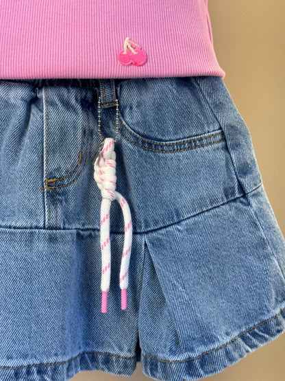 Conjunto Infantil Regata Rosa Com Cerejas e Saia Jeans Pregas Com Pingente - Momi