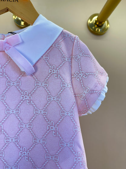 Vestido infantil Monograma Rosa com Gola Lacinho - Infanti