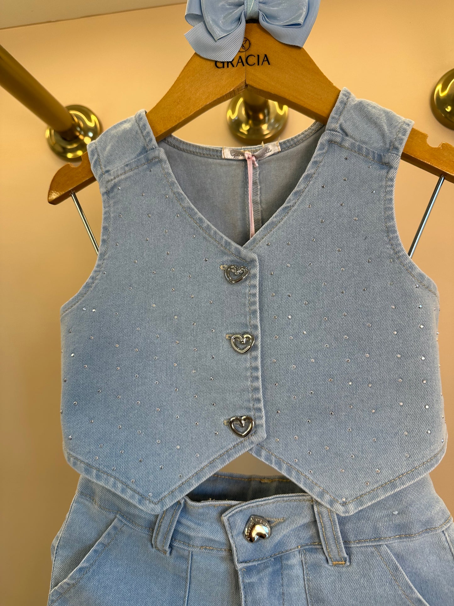 Conjunto Infantil Jeans Colete Brilho e Shorts - Gabriela Aquarela