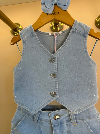 Conjunto Infantil Jeans Colete Brilho e Shorts - Gabriela Aquarela