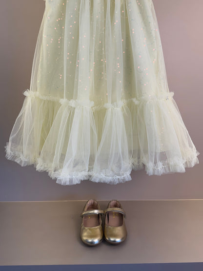 Vestido Infantil Amarelo Strass Brilhante Alças e Barra Em Tule  - Petit Cherie