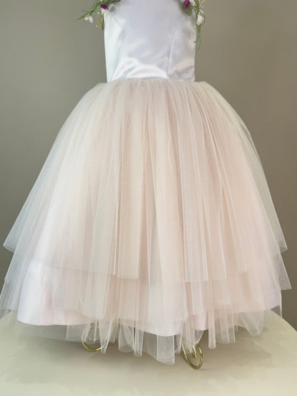 Vestido Infantil Festa Costas Trançadas e Flores Bordadas