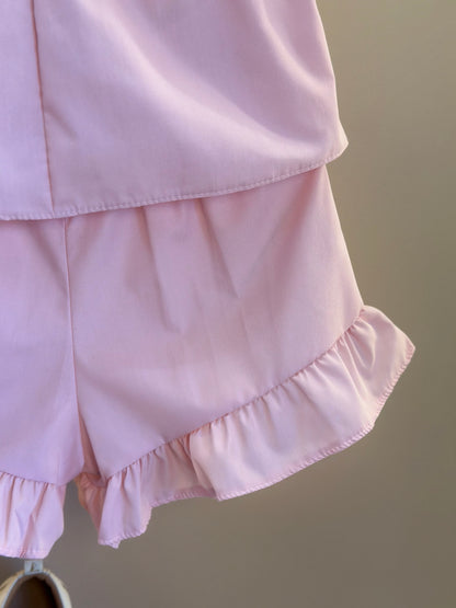 Conjunto Infantil Tricoline Blusa Bordada Flores e Shorts Babadinhos Rosa - Mon Sucré