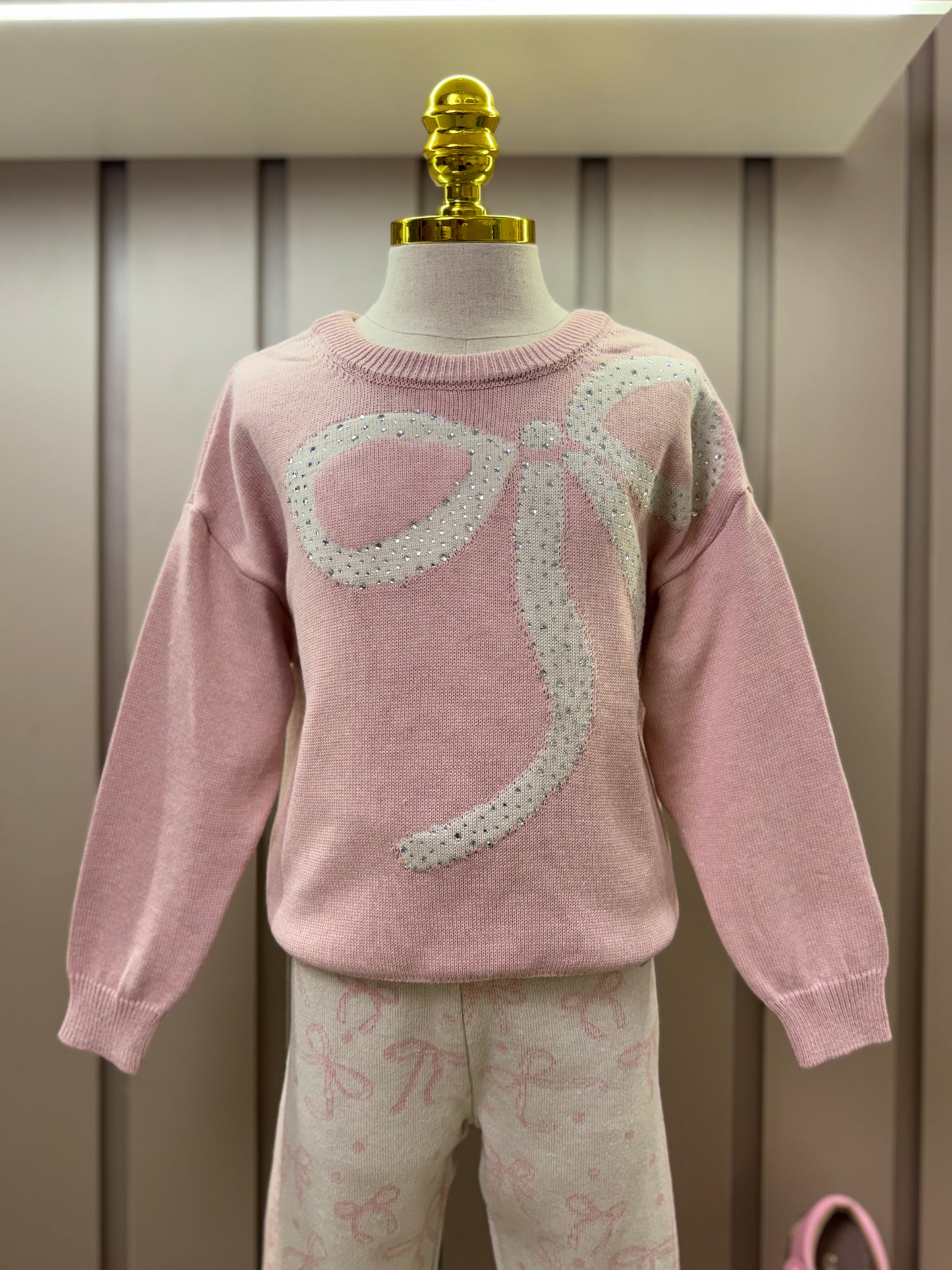 Conjunto Infantil Tricot Blusa Maxi Laço Cristais Rosa Dolce e Legging Jacquard Multi-laços Ninive - Pituchinhus