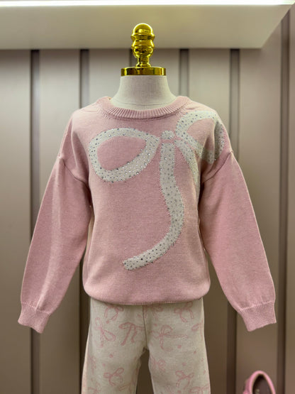 Conjunto Infantil Tricot Blusa Maxi Laço Cristais Rosa Dolce e Legging Jacquard Multi-laços Ninive - Pituchinhus