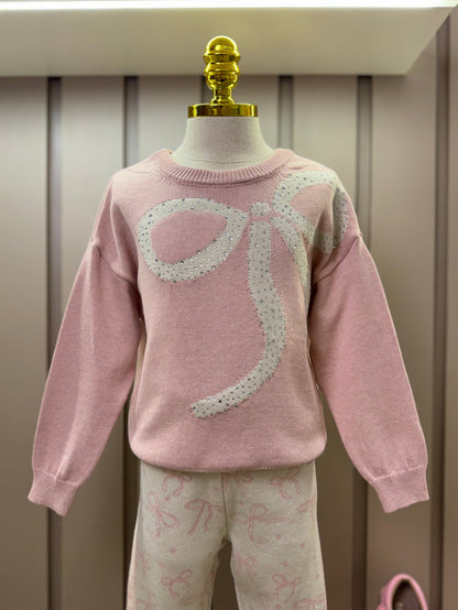 Blusa Infantil Tricot Maxi Laço Cristais Rosa Dolce - Pituchinhus