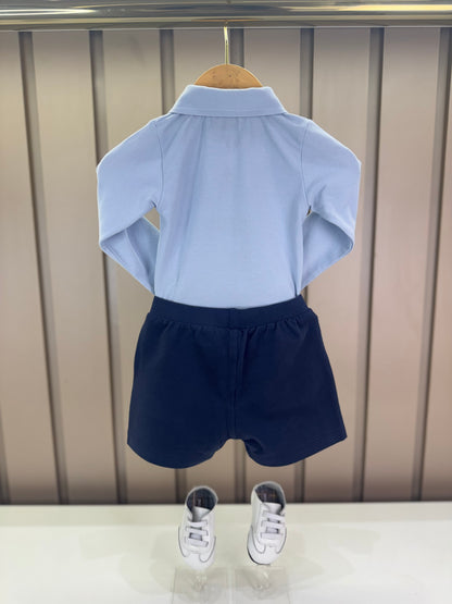 Conjunto Bebê Polo-Body Piquet Algodão ML Azul e Bermuda Moletom Algodão Profundo - Dame