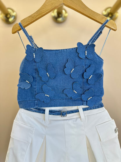 Conjunto Infantil Cropped Jeans Borboletas e Short-saia Cargo - Gabriela Aquarela