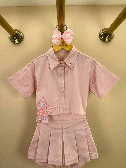 Conjunto Infantil Algodão Camisa Bordada e Shorts-saia Pregas Nude - Um Mais Um