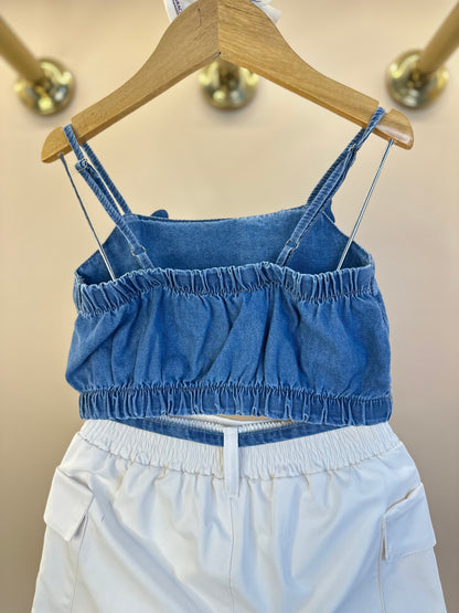 Conjunto Infantil Cropped Jeans Borboletas e Short-saia Cargo - Gabriela Aquarela