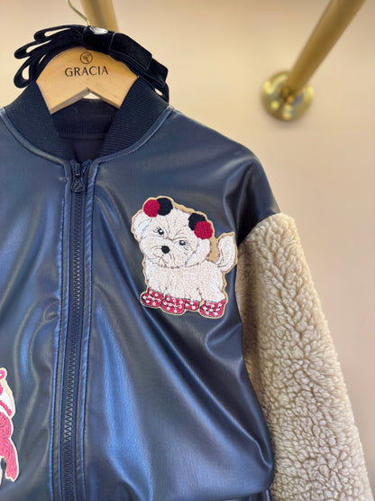 Conjunto Infantil Jaqueta Patches Couro Pele Carneirinho e Saia Evasê Couro Tech Preta - Pituchinhus