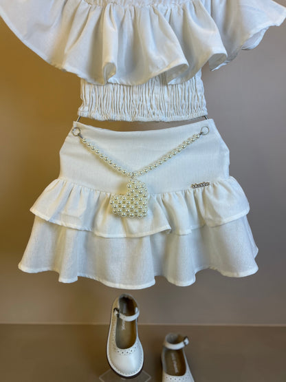 Conjunto Infantil Linho Blusa e Saia Cinto Pérolas e Coração - Luluzinha